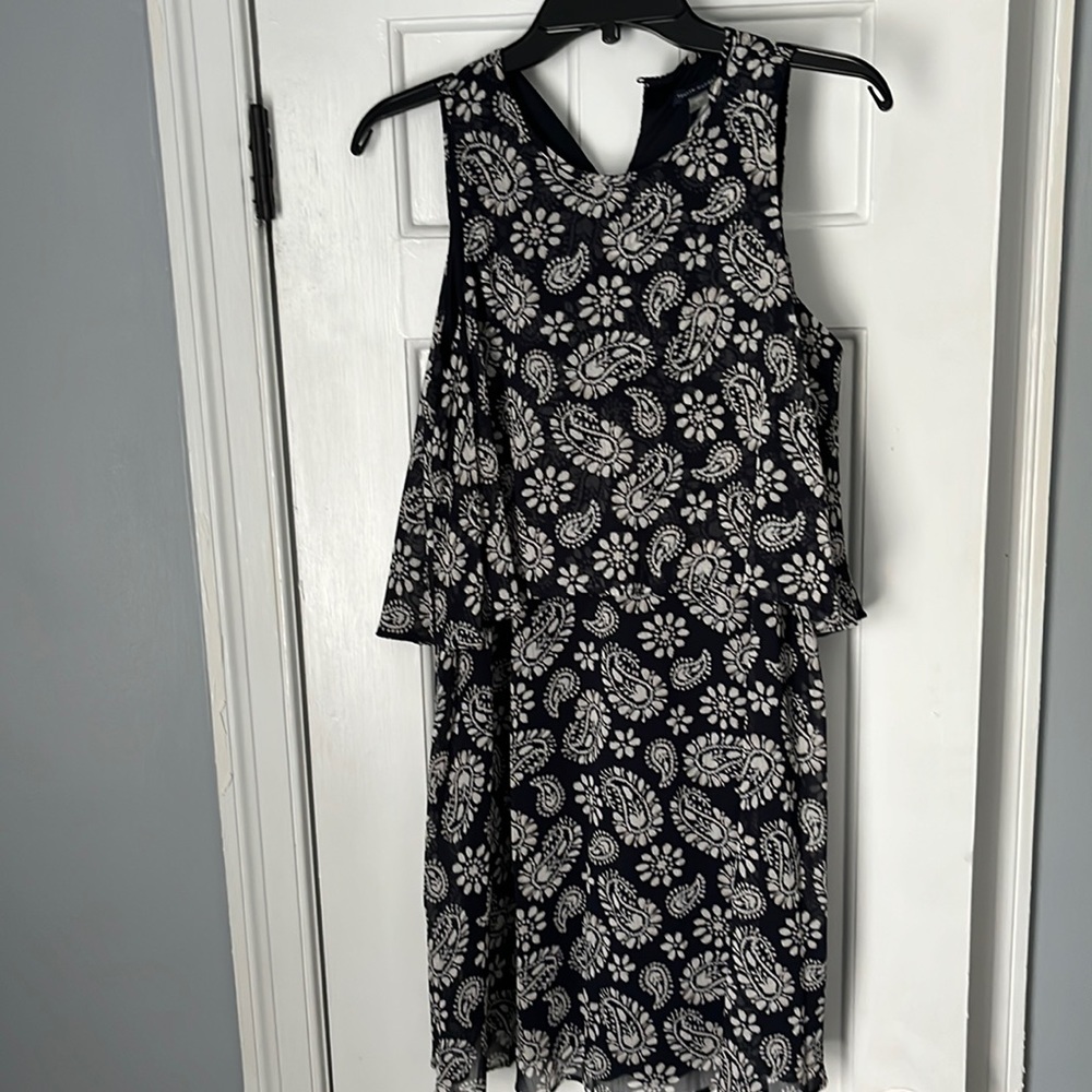 Navy with white paisley like design dress.